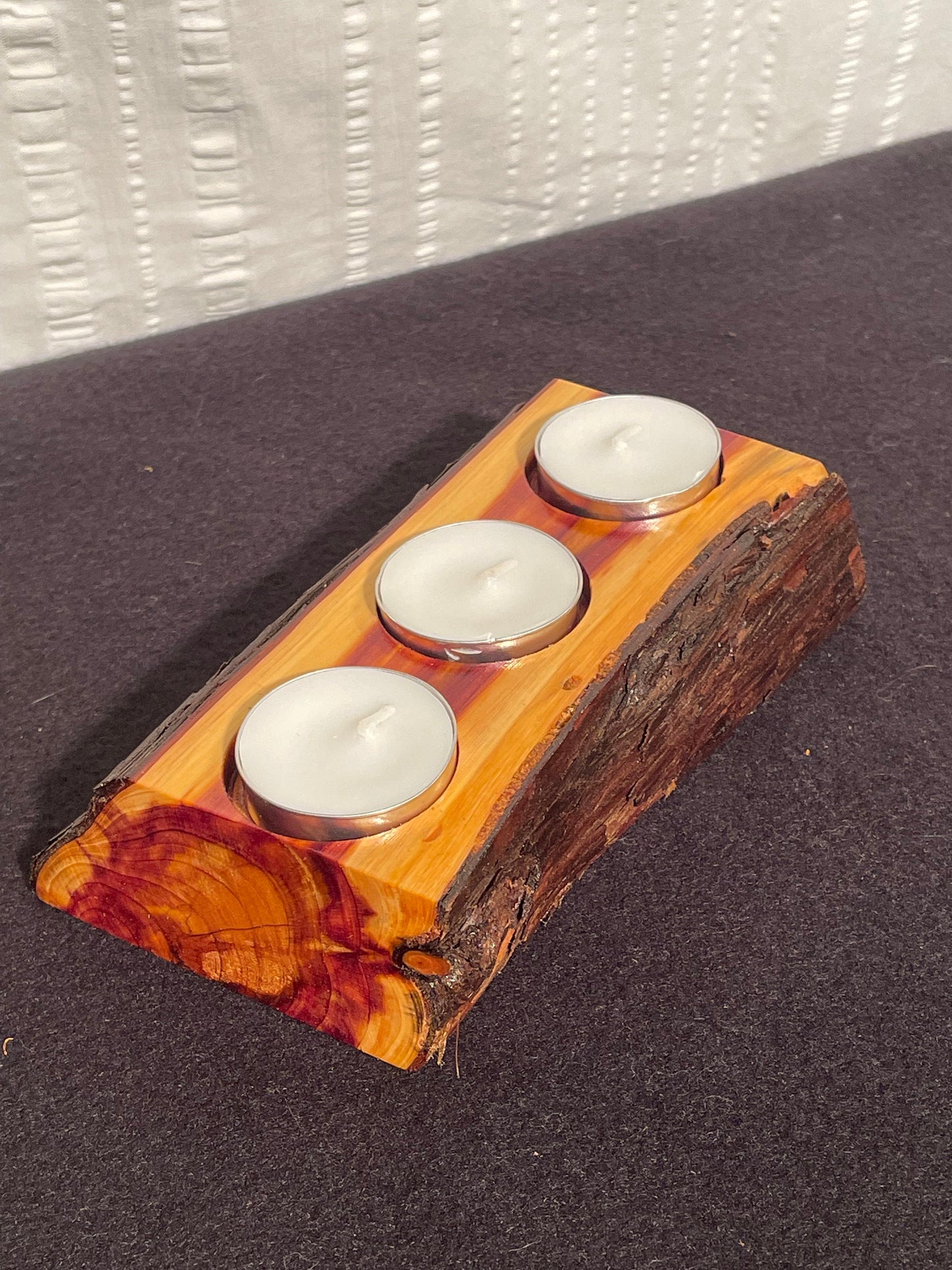 Chinese Juniper Tealight Candleholder with bark / Dimensions- 8" long by 4" wide by 2" tall