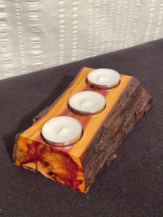 Chinese Juniper Tealight Candleholder with bark / Dimensions- 8" long by 4" wide by 2" tall