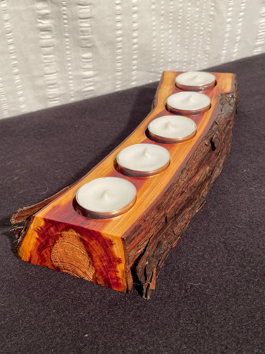 Chinese Juniper Tealight Candleholder with bark / Dimensions- 13" long by 4" wide by 2" tall