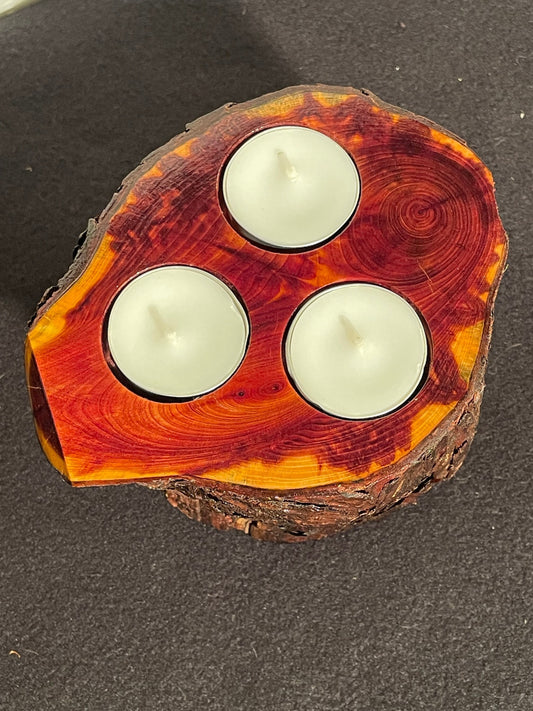 Chinese Juniper Log Tealight Candleholder with bark / Dimensions- 6” round by 5” tall