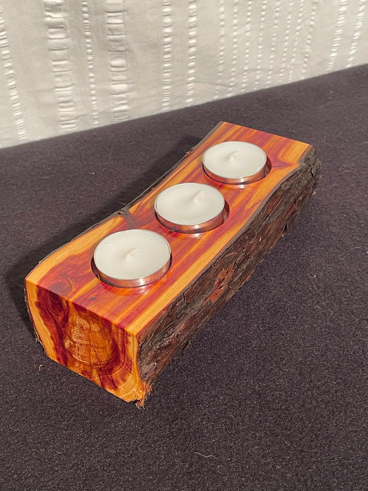 Chinese Juniper Tealight Candleholder with bark / Dimensions- 9' long by 4" wide by 2" tall