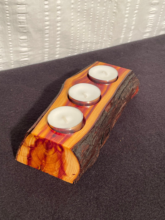 Chinese Juniper Tealight Candleholder with bark / Dimensions- 9" long by 4" wide by 3" tall