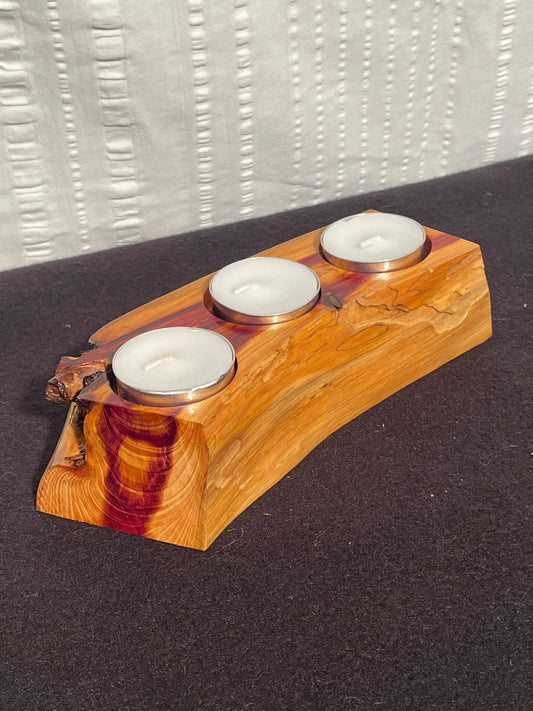 Chinese Juniper Tealight Candleholder / Dimensions- 8" long by 3" wide by 2" tall